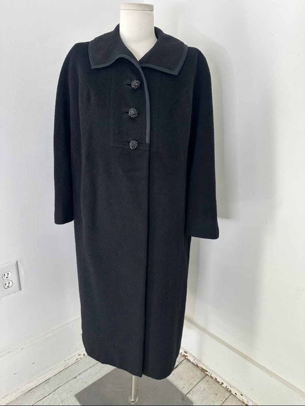 Vintage 60s Black Wool Mohoir Look Swing/ Pea Coat Glam Elegance